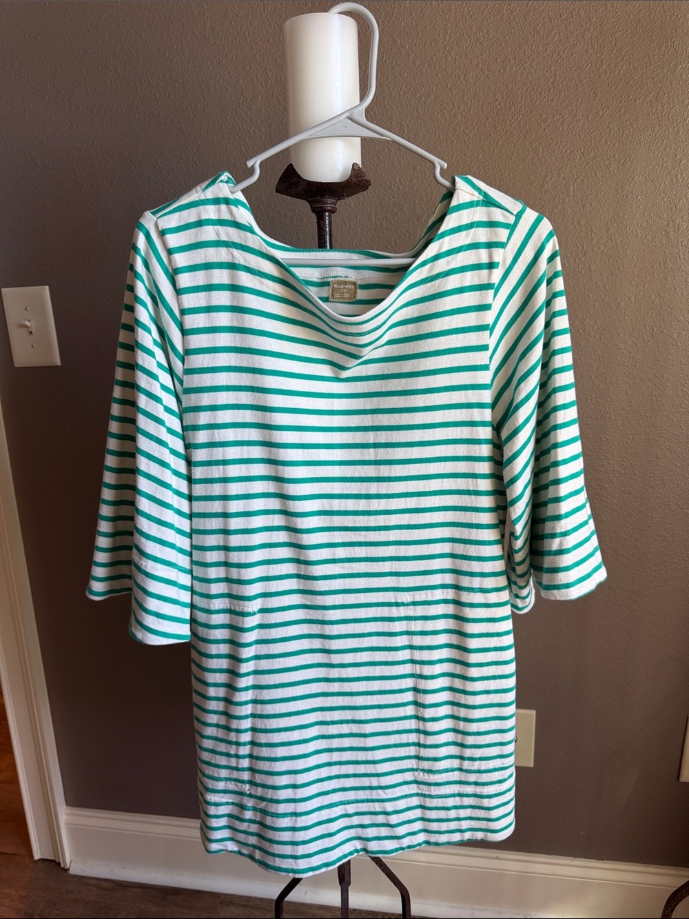 Free People White and Green Striped Boatneck Mini Dress